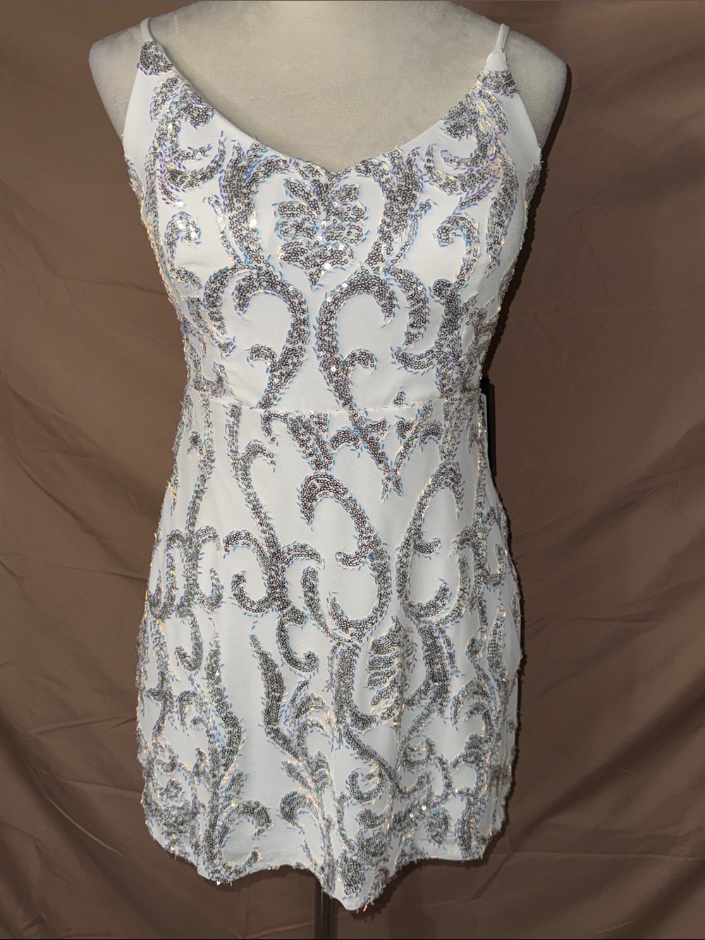 Jump White Mini Dress with Silver Sequin Scrollwork